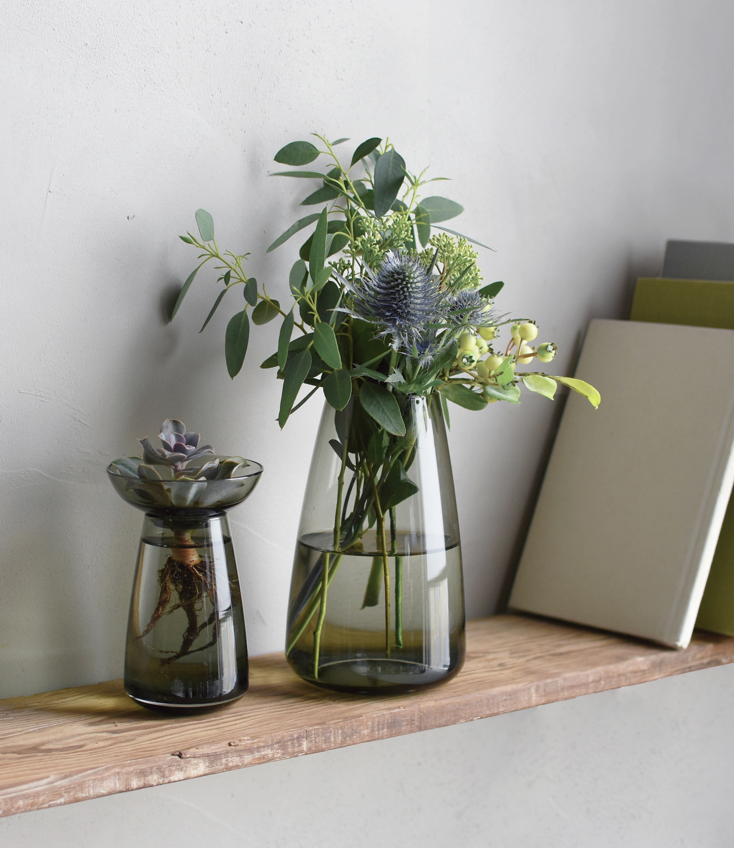 Aqua Culture Vase from Kinto is a vase to grow new plants. The vase consists of two pieces, a base and a dish for the top, which holds the bulbs, seeds or leaves. This variant has a dark, smokey gray color.