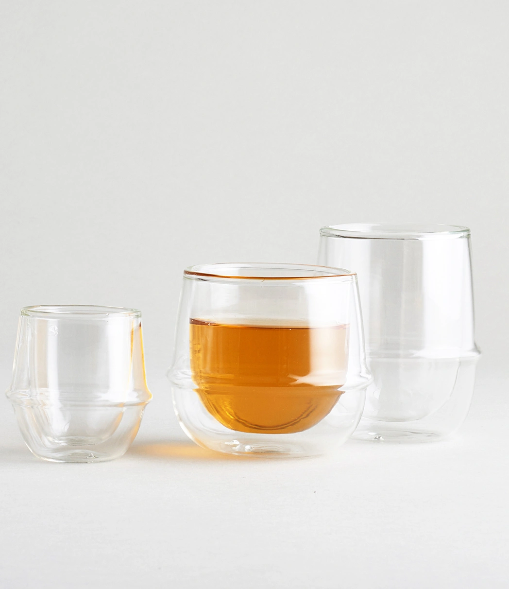 Kronos Wine Glass from the Japanese brand called Kinto. The glass is double walled and perfectly clear. The glass can hold 250ml of liquid.
