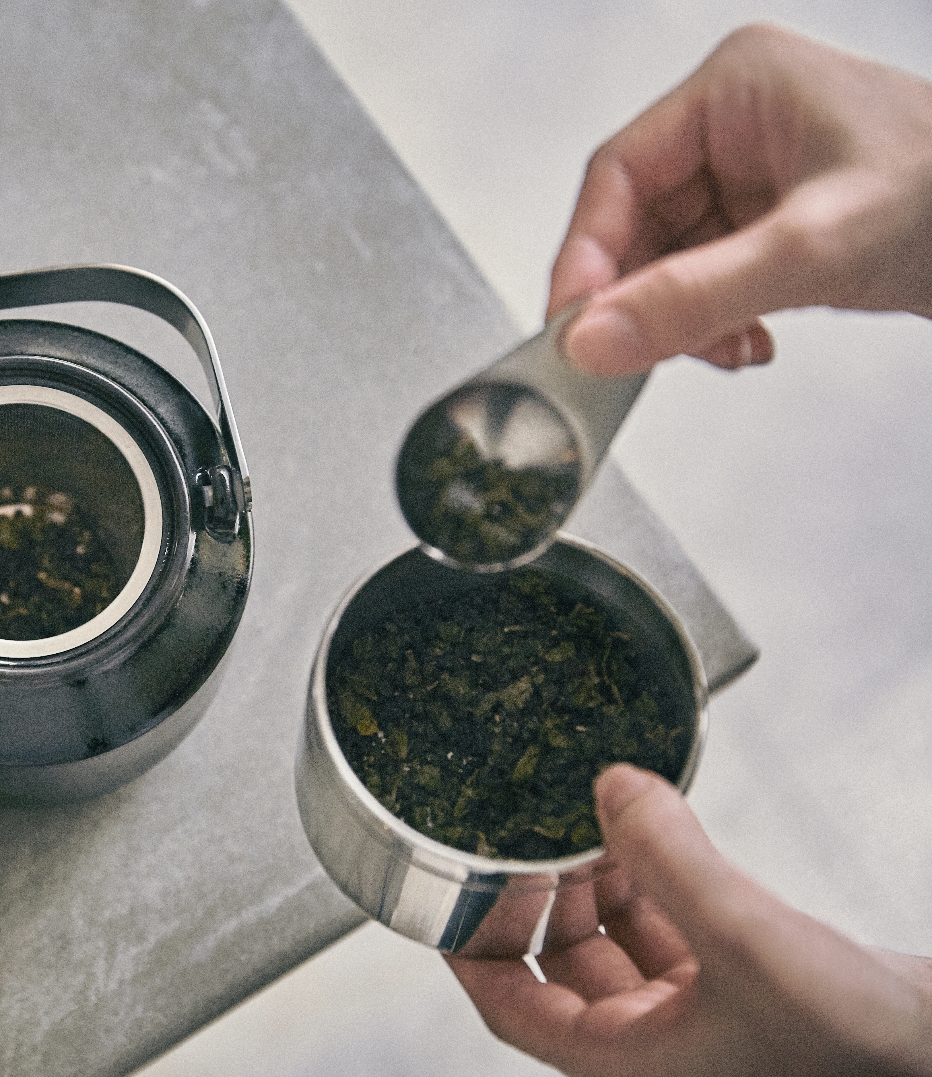 LT Tea Canister 250ml in use. A person is preparing some tea, they are using the LT Tea Scoop as well.