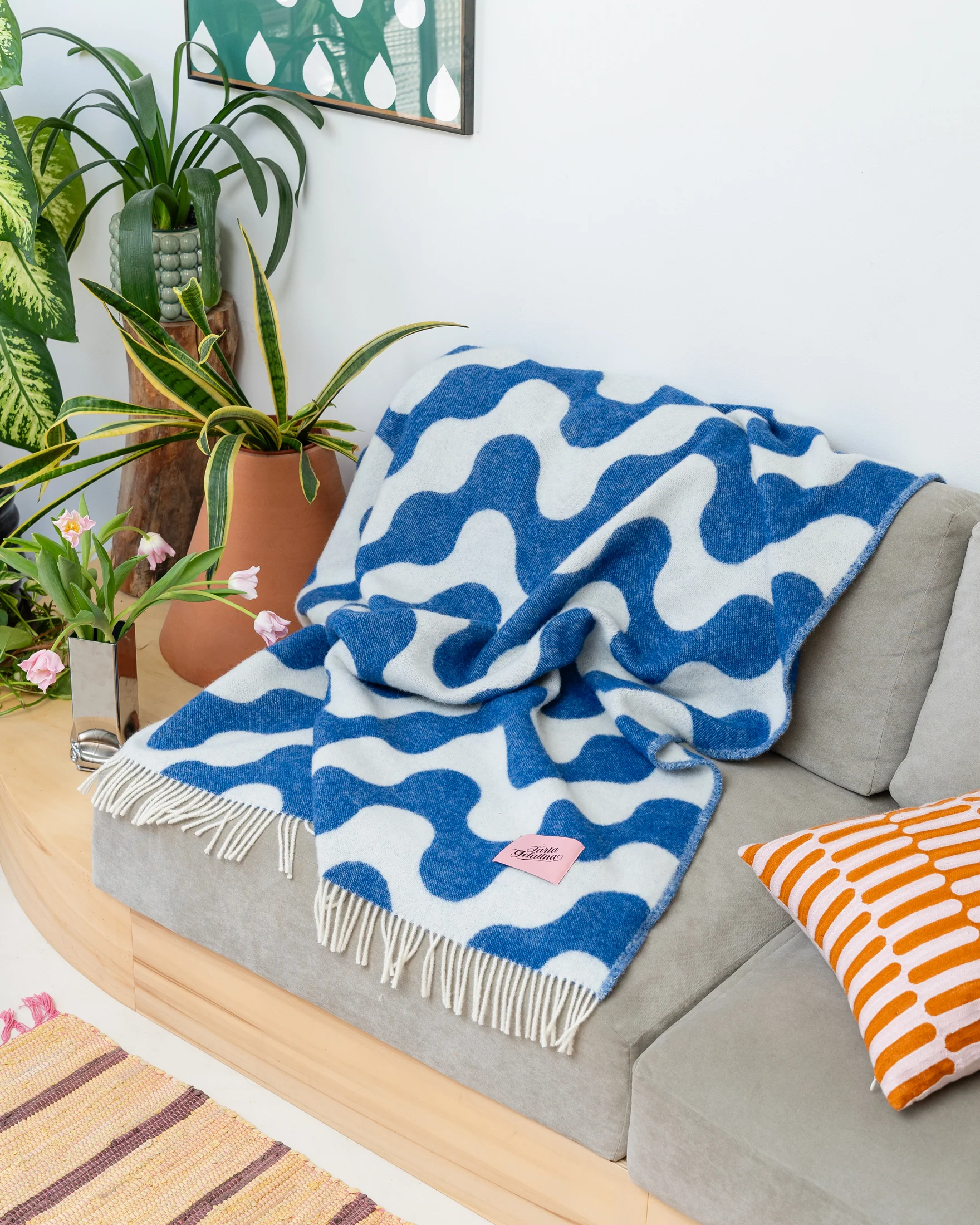 A cozy blue and white wool throw blanket with a wavy pattern draped over a modern gray sofa. The blanket has fringed edges and a pink Tarta Gelatina label. Surrounding the sofa are lush green plants, terracotta pots, and a mix of patterned cushions, creating a warm and inviting living space.