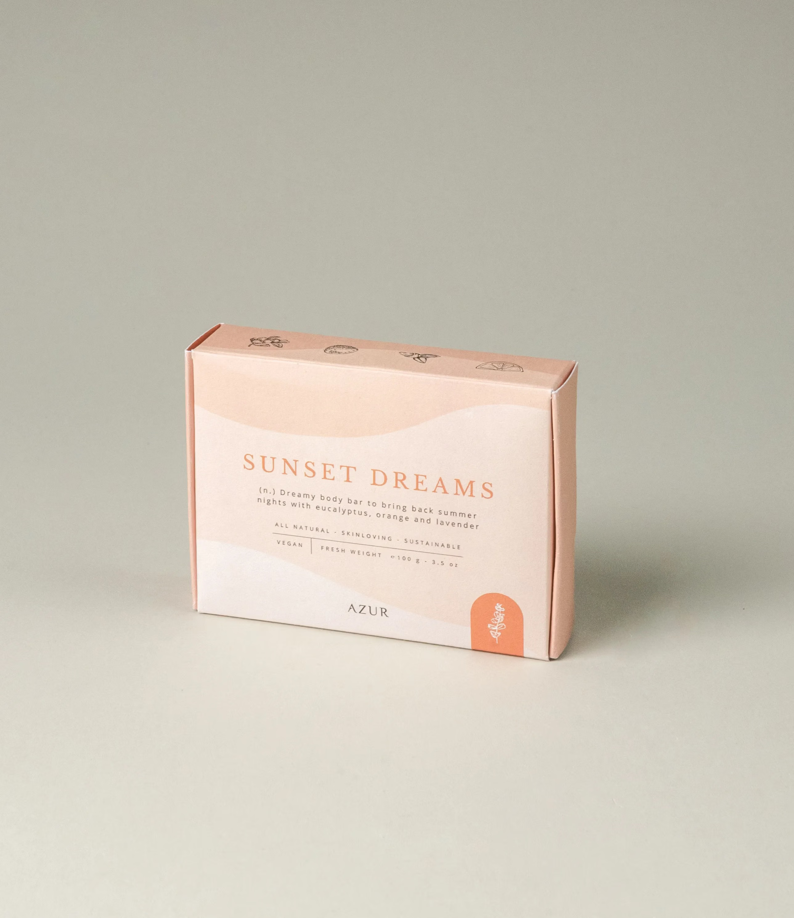 This soap has the scent of Sunset Dreams and it was crafted by Azur Natural Bodycare. The packaging is coming in a light peach color. Elegant and subtle design.