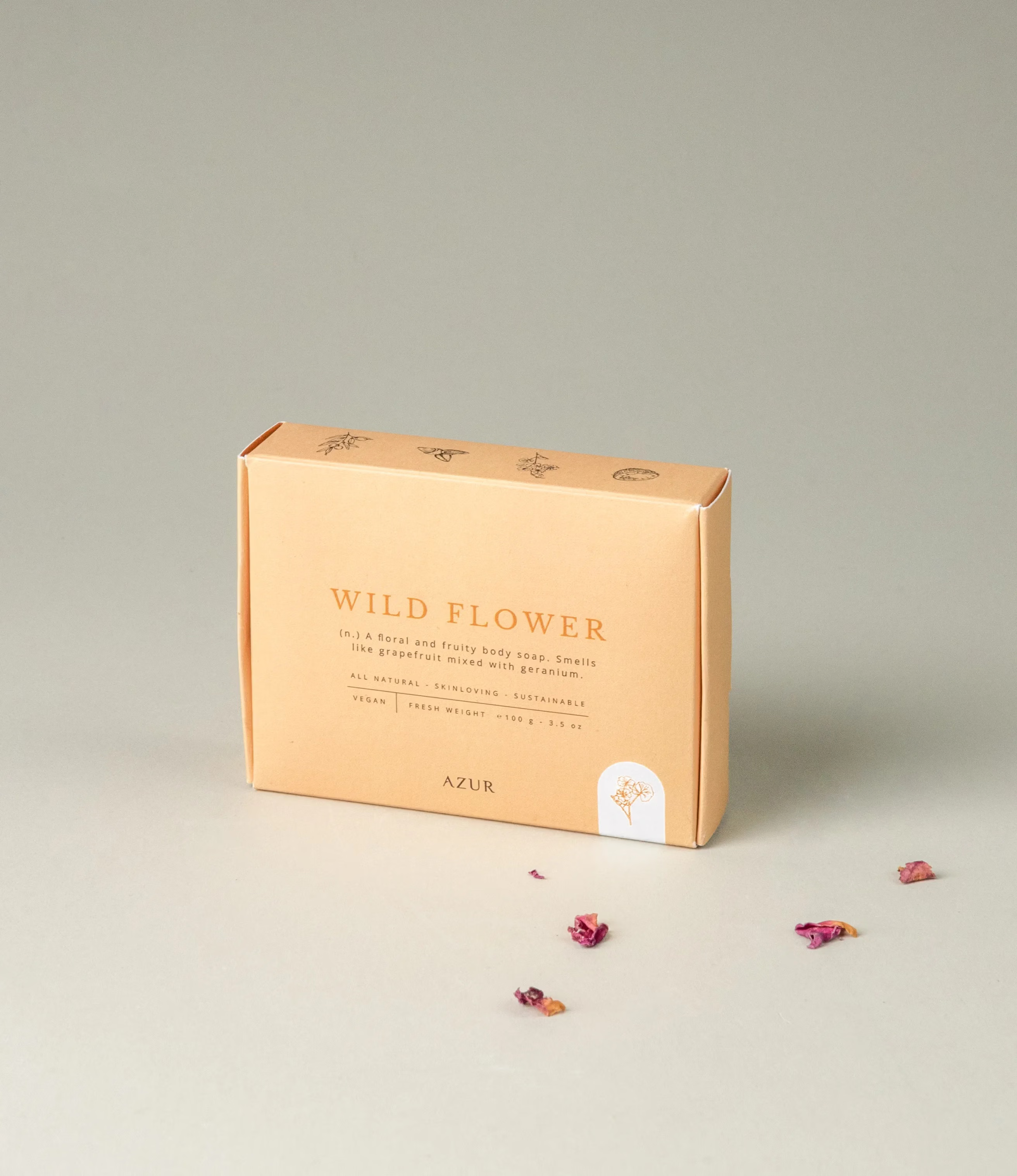 This soap has the scent of Wild Flower and it was crafted by Azur Natural Bodycare. The packaging of the product comes in peach color. Subtle, elegant design.